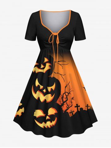 Plus Size Halloween Pumpkin Cross Tree Colorblock Print Cinched Dress - ORANGE - XXS