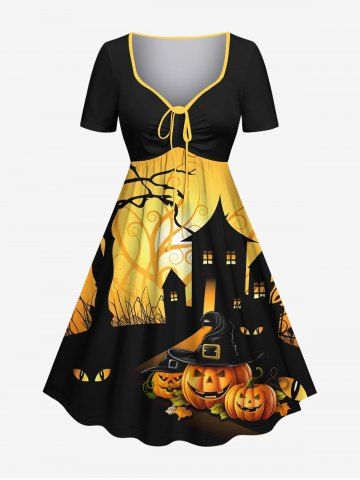 Plus Size Halloween Pumpkin Tree Castle Print Cinched Dress - YELLOW - XXS