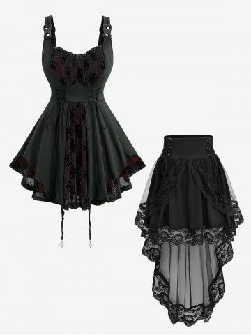 Tenue grande taille avec débardeur à lacets en maille floquée argentée et jupe trapèze à ourlet péplum à superposition florale - BLACK