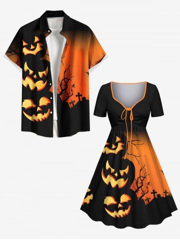 Halloween Pumpkin Cross Tree Colorblock Print Plus Size Matching Outfit For Couples - ORANGE
