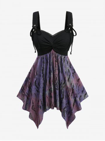 Jacquard Tie Dye Ombre Ruched Textured Handkerchief Top and Lace Up Two Tone Flare Pants Plus Size Outfit