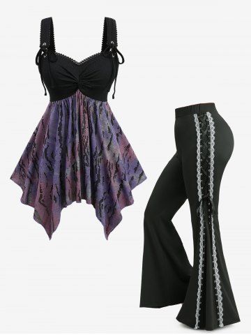 Ensemble haut mouchoir texturé froncé jacquard tie-dye ombré et pantalon évasé bicolore à lacets grande taille - PURPLE