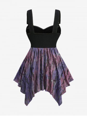 Jacquard Tie Dye Ombre Ruched Textured Handkerchief Top and Lace Up Two Tone Flare Pants Plus Size Outfit