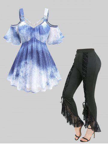 Splatter Tie Dye Print Heart Buckle Strappy Top and Skull Fishnet Mesh Trim Lace Up Ruffles Flare Pants Plus Size Outfit - BLUE