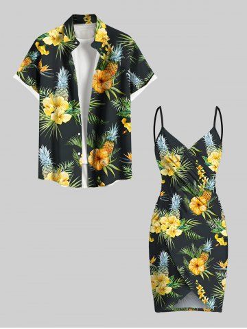 Tropical Leaf Hibiscus Flower Pineapple Print Plus Size Matching Hawaii Beach Outfit For Couples - YELLOW