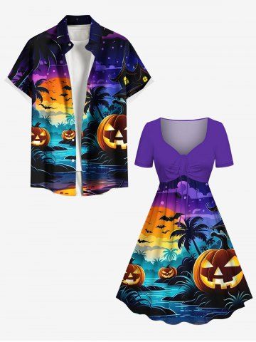 Halloween Pumpkin Lantern Coconut Tree River Bat Moon Ombre Galaxy Print Plus Size Matching Outfit For Couples - PURPLE