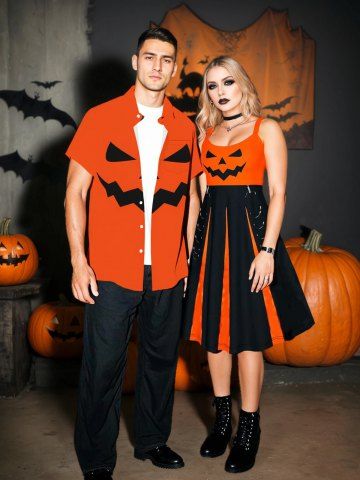 Halloween Costume Pumpkin Colorblock Print Plus Size Matching Outfit For Couples - ORANGE