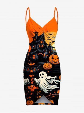 Plus Size Pumpkin Ghost Bat Tree Castle Print Halloween Convertible Beach Cover Up - ORANGE - XS