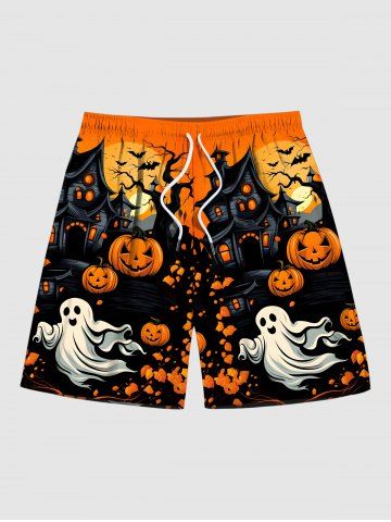 Plus Size Pumpkin Ghost Bat Tree Castle Print Halloween Drawstring Pocket Beach Shorts For Men - ORANGE - 4XL