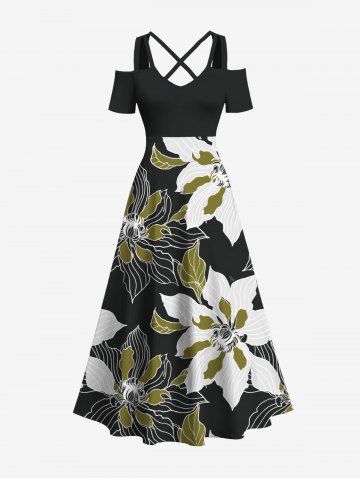 Plus Size Two Tone Flower Print Hawaii Cold Shoulder Crisscross A Line Maxi Dress - BLACK - 6X