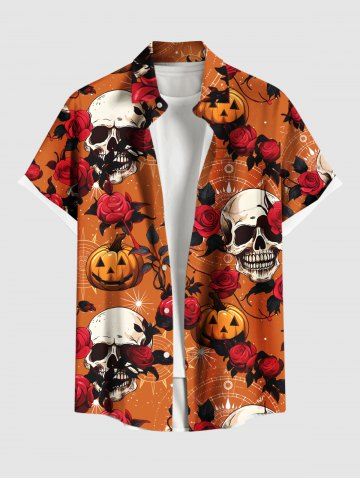 Plus Size Skull Rose Flower Leaf Pumpkin Print Halloween Button Pocket Shirt For Men - ORANGE - 6XL