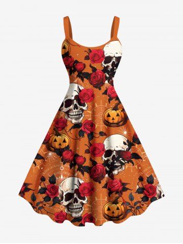 Plus Size Skull Rose Flower Leaf Pumpkin Print Halloween A Line Tank Dress - ORANGE - 6X