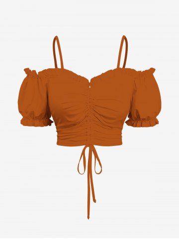 Plus Size Cold Shoulder Puff Sleeve Solid Cinched Top - ORANGE - XS