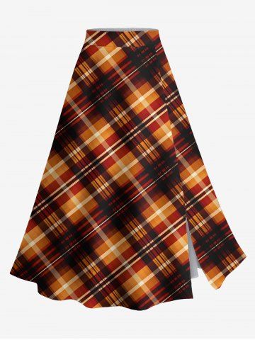 Plus Size Plaid Print Halloween Split A Line Skirt - ORANGE - XS