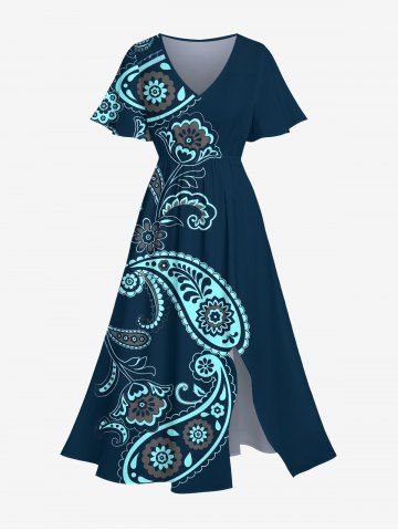Plus Size Flower Paisley Print Hawaii Split Pocket A Line Midi Dress - DEEP BLUE - XXS