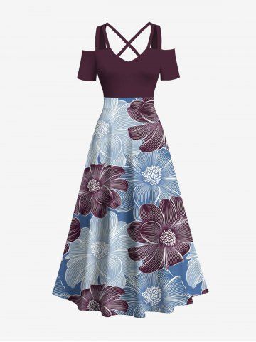 Plus Size Two Tone Line Flower Print Hawaii Cold Shoulder Crisscross A Line Maxi Dress - BLUE - 1X
