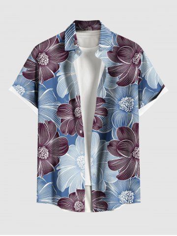 Plus Size Two Tone Line Flower Print Hawaii Button Pocket Shirt For Men - BLUE - 2XL