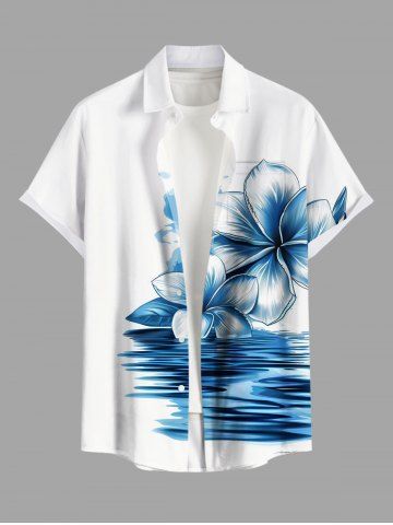 Plus Size Sea Hibiscus Flower Print Hawaii Button Pocket Shirt For Men - WHITE - L