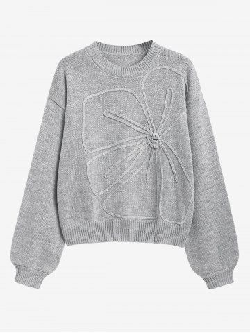 Women's Casual Daily 3D Floral Crew Neck Drop Shoulder Long Sleeve Pullover Jumper Sweater - GRAY - S