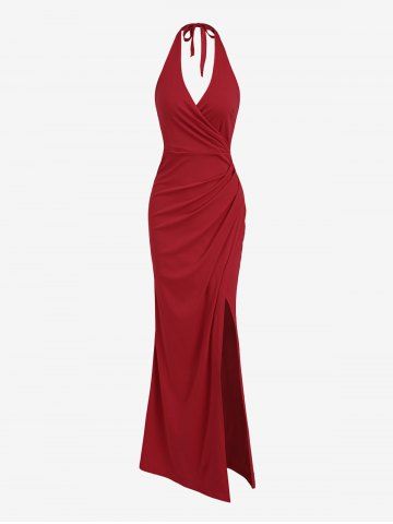 Women's Sexy Elegant Solid Color Ruched Draped Backless Thigh High Split Plunging Neck Halter Tied Prom Evening Gown Maxi Dress - RED - M