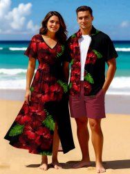 Tropical Leaf Hibiscus Flower Print Plus Size Matching Hawaii Beach Outfit For Couples -  