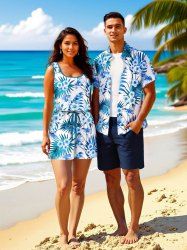 Ensemble chemise et barboteuse hawaïennes assorties, grande taille, tenue de plage, imprimé feuilles tropicales et hibiscus, pour couples - Blanc 