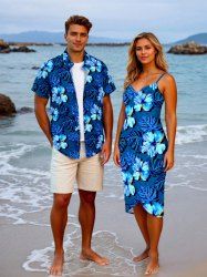 Hibiscus Flowers Tropical Leaf Print Plus Size Matching Hawaii Beach Outfit For Couples -  