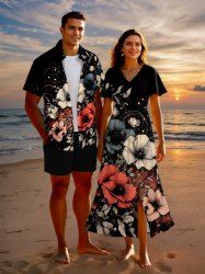 Tenue de plage hawaïenne assortie grande taille, motif fleurs et feuilles pailletées, imprimé 3D, pour couples - Noir 