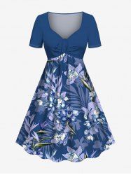 Plus Size Flowers Tropical Leaf Print Cinched Hawaii Dress -  