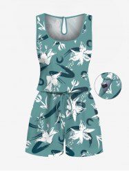 Plus Size Flowers Graffiti Print Cinched Hawaii Romper -  