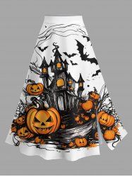 Jupe fendue grande taille à imprimé château de chauve-souris et citrouille d'Halloween - Blanc M
