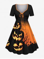Plus Size Halloween Pumpkin Cross Tree Colorblock Print Cinched Dress -  