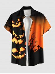 Plus Size Halloween Pumpkin Cross Tree Colorblock Print Buttons Pocket Shirt For Men -  