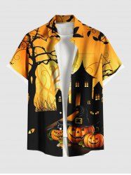 Plus Size Halloween Pumpkin Tree Castle Print Buttons Pocket Shirt For Men -  