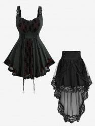 Tenue grande taille avec débardeur à lacets en maille floquée argentée gothique et jupe trapèze à ourlet péplum à superposition florale - Noir 