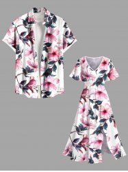 Flowers Leaf Print Plus Size Matching Hawaii Beach Outfit For Couples -  