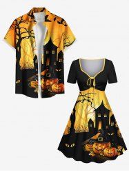 Halloween Pumpkin Tree Castle Print Plus Size Matching Outfit For Couples -  