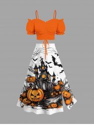 Halloween Pumpkin Bat Castle Print Plus Size Matching Set -  