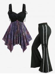 Jacquard Tie Dye Ombre Ruched Textured Handkerchief Top and Lace Up Two Tone Flare Pants Plus Size Outfit -  