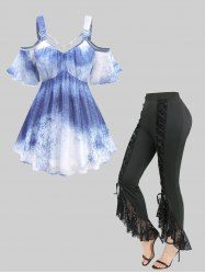 Splatter Tie Dye Print Heart Buckle Strappy Top and Skull Fishnet Mesh Trim Lace Up Ruffles Flare Pants Plus Size Outfit -  