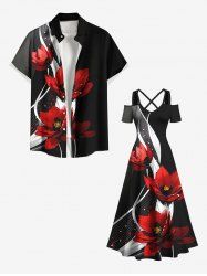 Tenue de plage hawaïenne assortie grande taille à imprimé floral et courbes pour couples - Noir 