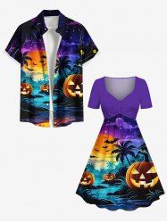 Tenue assortie grande taille pour couples, motif citrouille, lanterne, cocotier, rivière, chauve-souris, lune, galaxie ombrée - Pourpre  