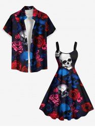 Halloween Skull Rose Flower Print Plus Size Matching Outfit For Couples -  