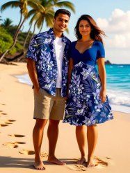 Flowers Tropical Leaf Print Plus Size Matching Hawaii Beach Outfit For Couples -  
