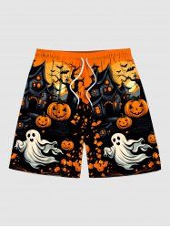 Plus Size Pumpkin Ghost Bat Tree Castle Print Halloween Drawstring Pocket Beach Shorts For Men -  