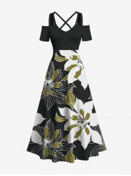 Plus Size Two Tone Flower Print Hawaii Cold Shoulder Crisscross A Line Maxi Dress -  