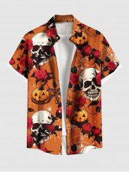Plus Size Skull Rose Flower Leaf Pumpkin Print Halloween Button Pocket Shirt For Men -  