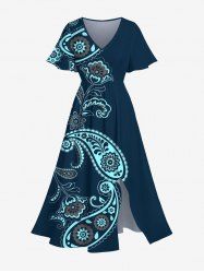 Plus Size Flower Paisley Print Hawaii Split Pocket A Line Midi Dress -  