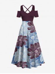Plus Size Two Tone Line Flower Print Hawaii Cold Shoulder Crisscross A Line Maxi Dress -  