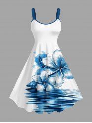 Plus Size Sea Hibiscus Flower Print Hawaii A Line Tank Dress -  